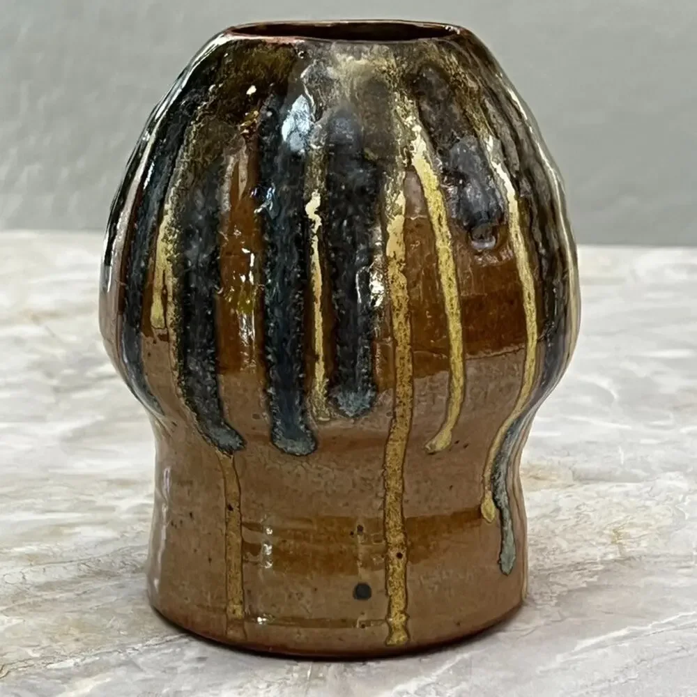 Studio Art Pottery Vase Brown Multicolor Drip Glaze Sculptural Form 5” Signed